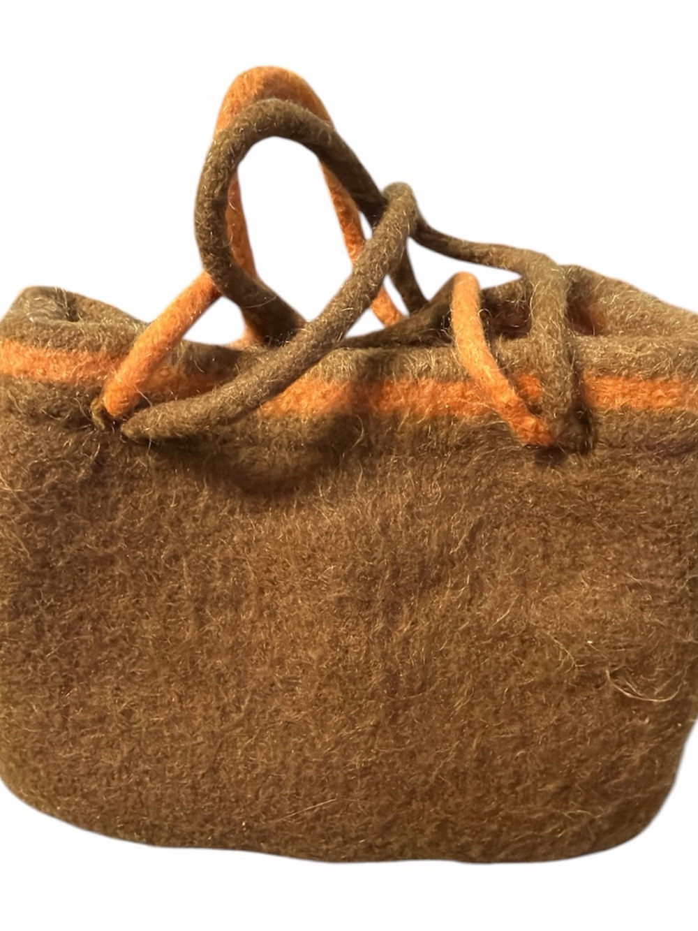 Brown Wool Felt Bucket Bag with Orange Trim
